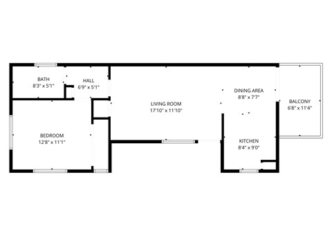 Floor plan for 1 bed, 1 bath, 625 sqft